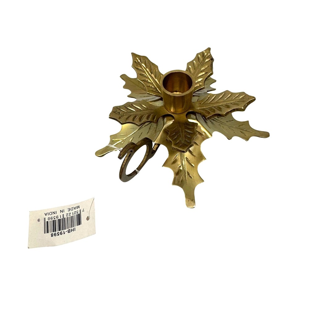 Brass Holly Leaf Taper Candle Holder Finger Loop Handle Made in India Vintage